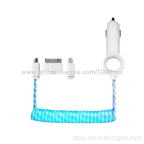 Car Charger and 8 Pins to USB Data Sync Charger Spring Cable with EL light, 1.5m Length